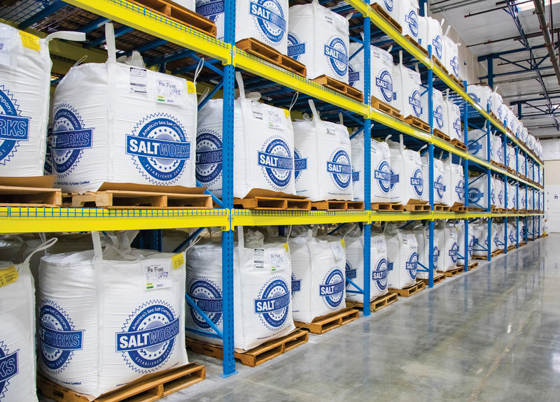 Warehouse with large salt bags on pallets